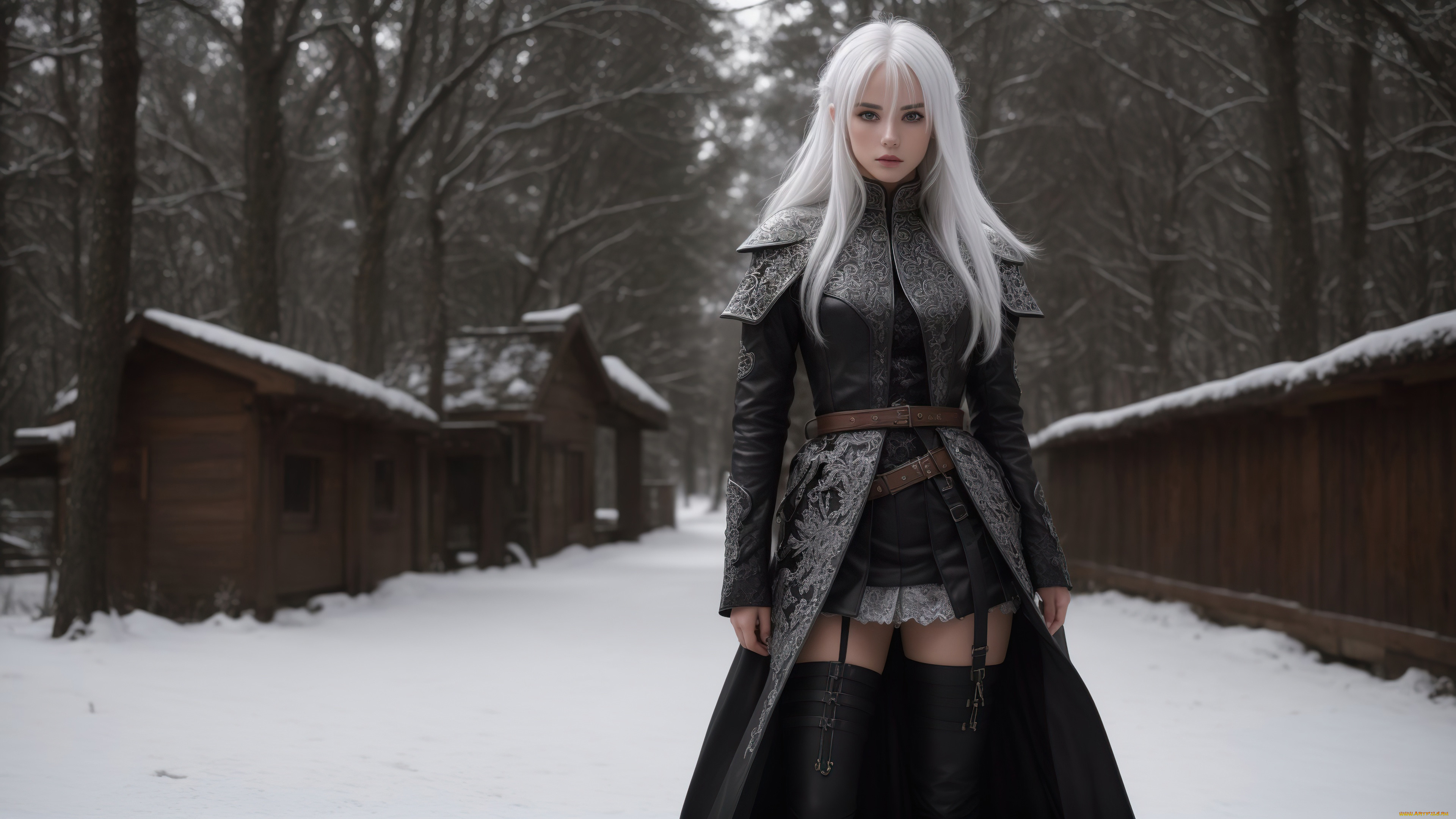 , 3 ,  , fantasy, girl, nature, art, winter, snow, white, hair